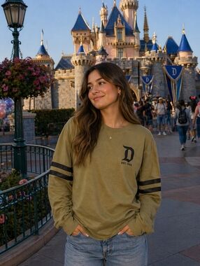 Disney Olive Crewneck Sweatshirt with Black Sleeve Stripes